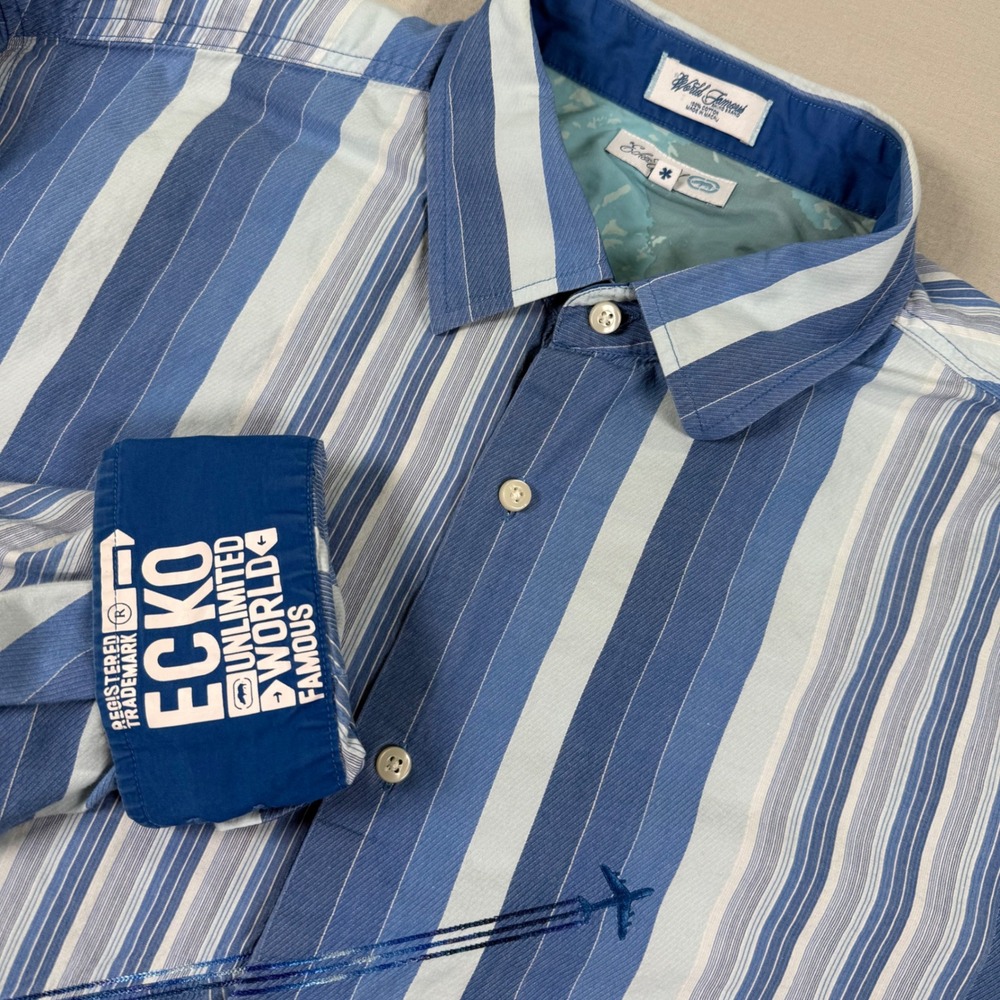 VTG Ecko Unltd World Famous Striped Shirt Men 3XL Embroidered Back Hit Flip Cuff